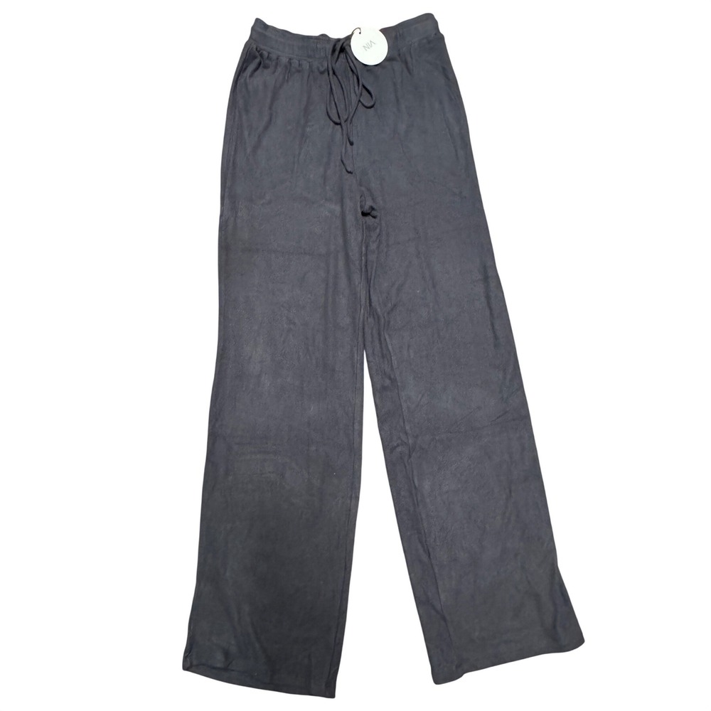 NIA Women Charcoal Gray Ribbed Wide Leg Lounge Pants Drawstring Size M NP-552